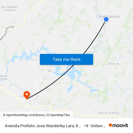 Avenida Prefeito Jose Wanderley Lara, 885 to Unilavras map