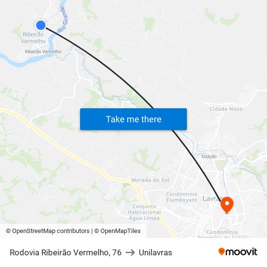 Rodovia Ribeirão Vermelho, 76 to Unilavras map