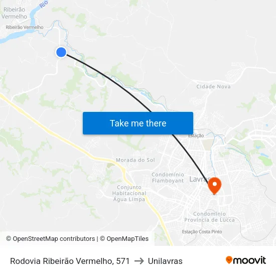 Rodovia Ribeirão Vermelho, 571 to Unilavras map