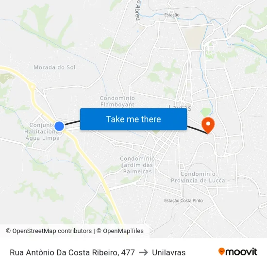 Rua Antônio Da Costa Ribeiro, 477 to Unilavras map