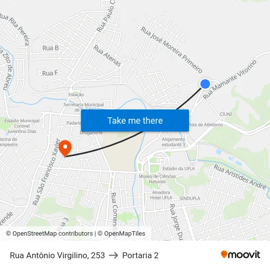 Rua Antônio Virgilino, 253 to Portaria 2 map