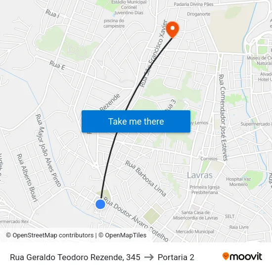 Rua Geraldo Teodoro Rezende, 345 to Portaria 2 map