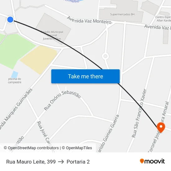 Rua Mauro Leite, 399 to Portaria 2 map