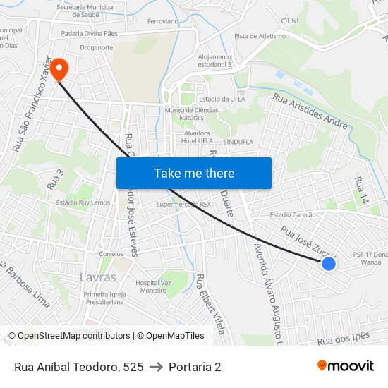 Rua Aníbal Teodoro, 525 to Portaria 2 map