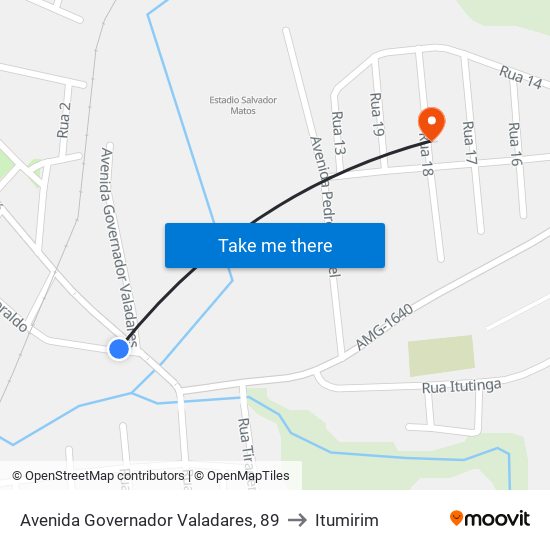 Avenida Governador Valadares, 89 to Itumirim map