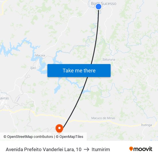 Avenida Prefeito Vanderlei Lara, 10 to Itumirim map