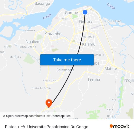 Plateau to Universite Panafricaine Du Congo map