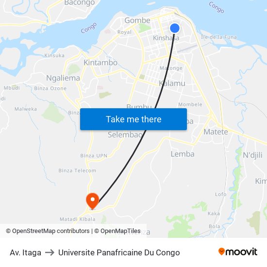 Av. Itaga to Universite Panafricaine Du Congo map