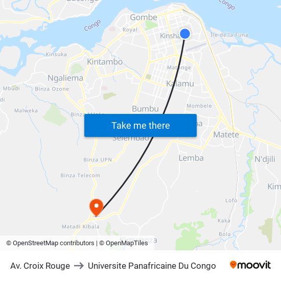 Av. Croix Rouge to Universite Panafricaine Du Congo map