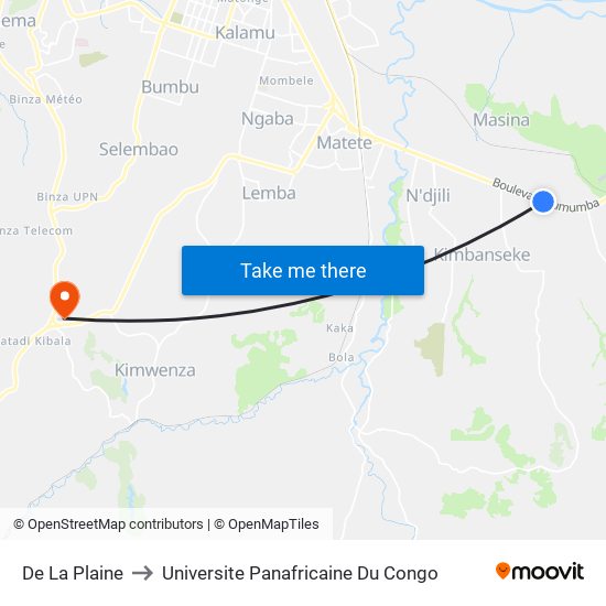 De La Plaine to Universite Panafricaine Du Congo map