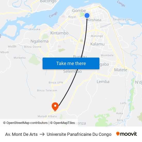 Av. Mont De Arts to Universite Panafricaine Du Congo map