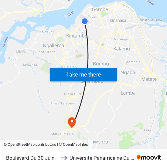 Boulevard Du 30 Juin, 2798 to Universite Panafricaine Du Congo map
