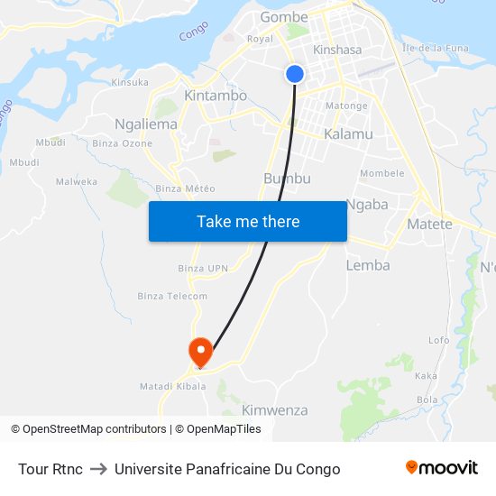 Tour Rtnc to Universite Panafricaine Du Congo map