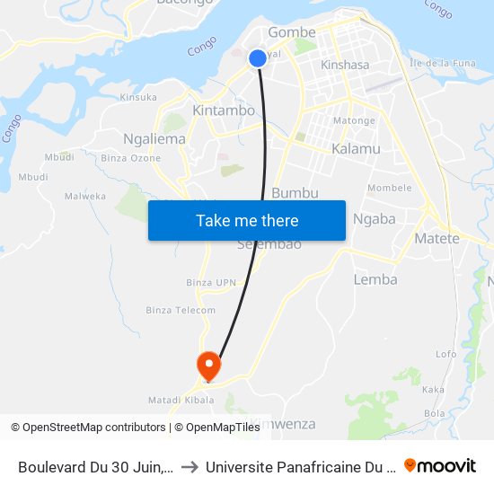 Boulevard Du 30 Juin, 3642 to Universite Panafricaine Du Congo map