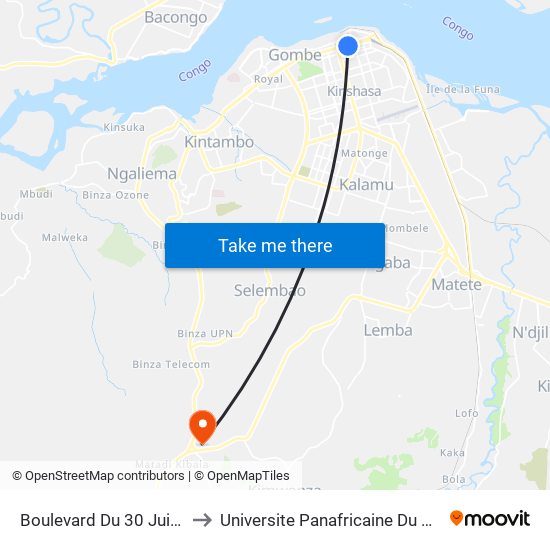 Boulevard Du 30 Juin, 31 to Universite Panafricaine Du Congo map