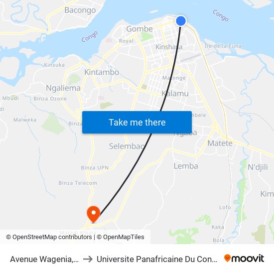 Avenue Wagenia, 1 to Universite Panafricaine Du Congo map