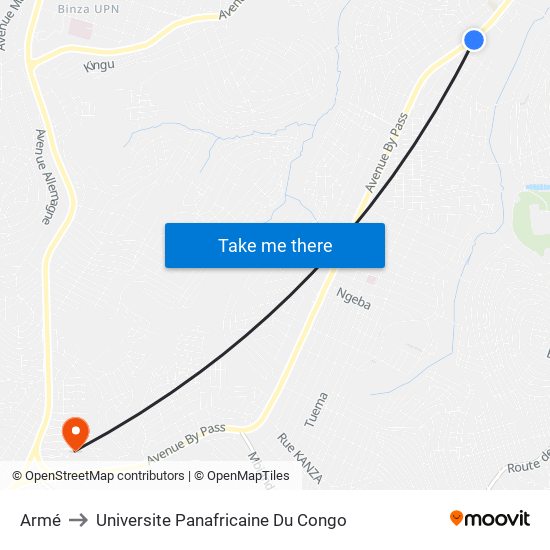 Armé to Universite Panafricaine Du Congo map