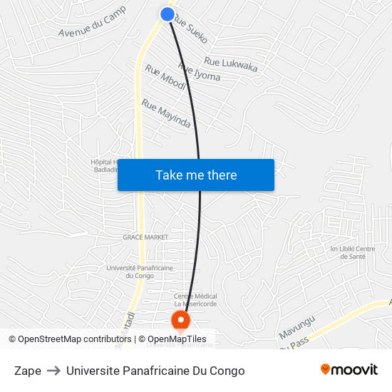 Zape to Universite Panafricaine Du Congo map