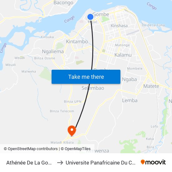 Athénée De La Gombe to Universite Panafricaine Du Congo map