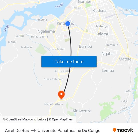 Arret De Bus to Universite Panafricaine Du Congo map