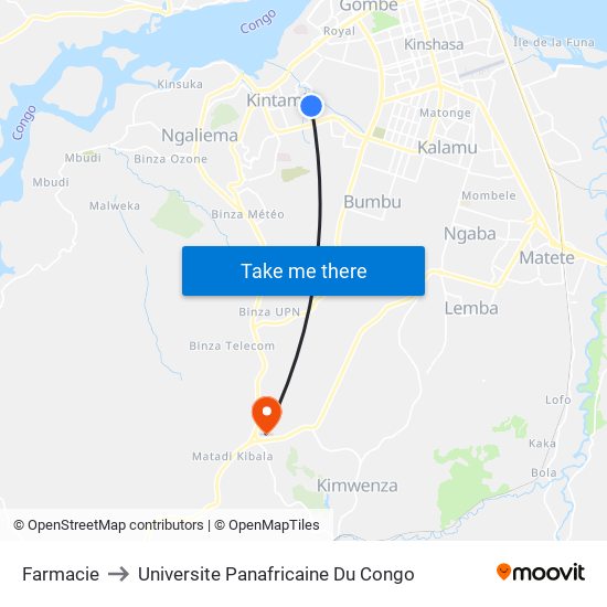 Farmacie to Universite Panafricaine Du Congo map