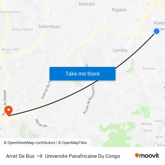 Arret De Bus to Universite Panafricaine Du Congo map