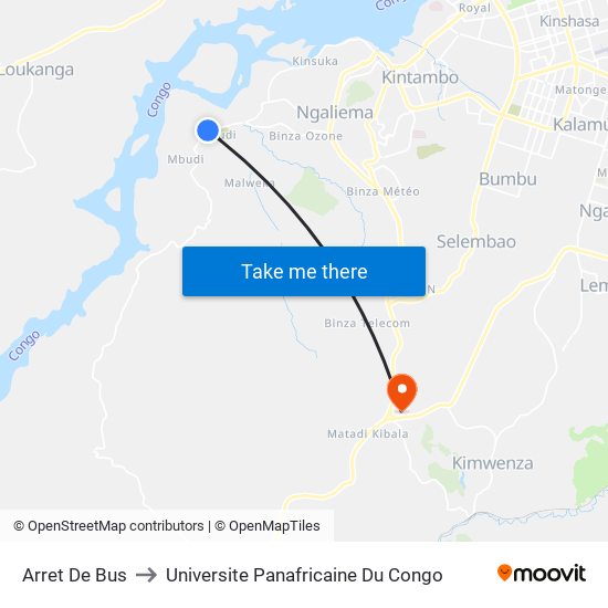 Arret De Bus to Universite Panafricaine Du Congo map