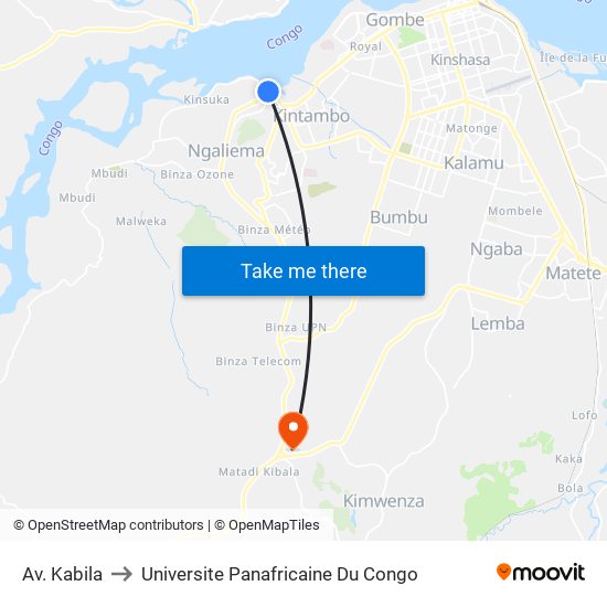 Av. Kabila to Universite Panafricaine Du Congo map