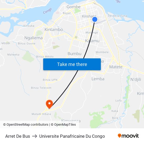 Arret De Bus to Universite Panafricaine Du Congo map