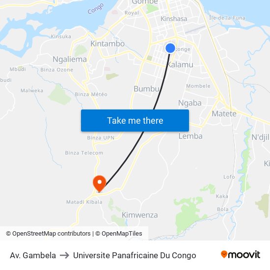 Av. Gambela to Universite Panafricaine Du Congo map