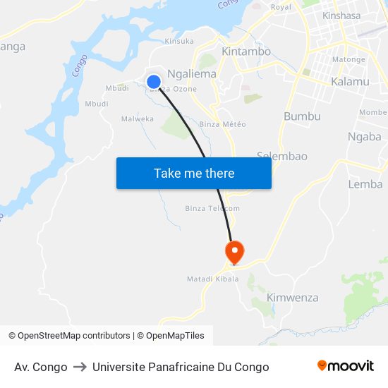 Av. Congo to Universite Panafricaine Du Congo map