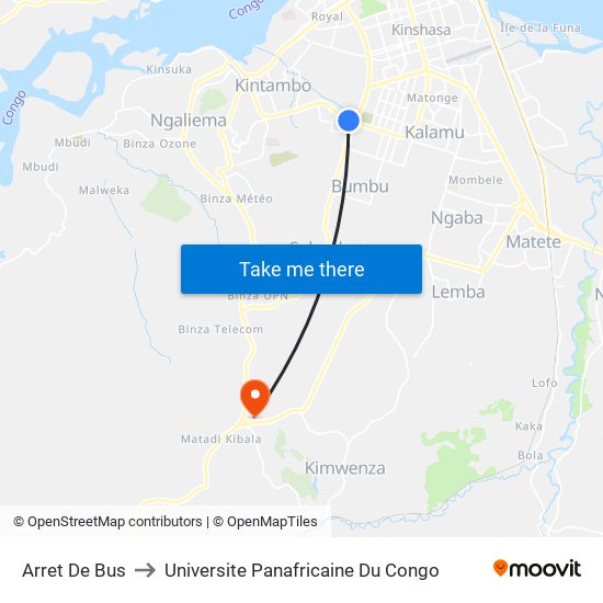 Arret De Bus to Universite Panafricaine Du Congo map