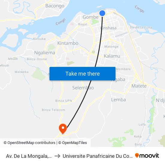 Av. De La Mongala, 10 to Universite Panafricaine Du Congo map