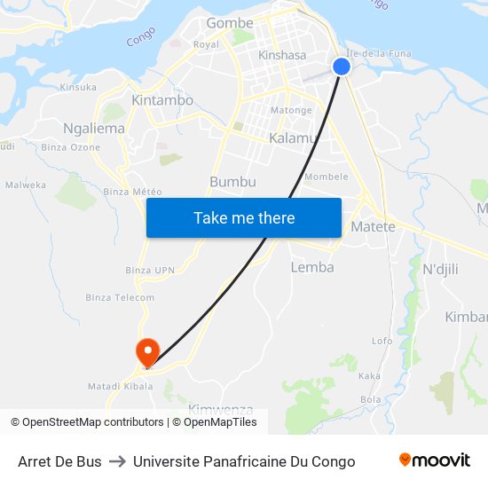 Arret De Bus to Universite Panafricaine Du Congo map