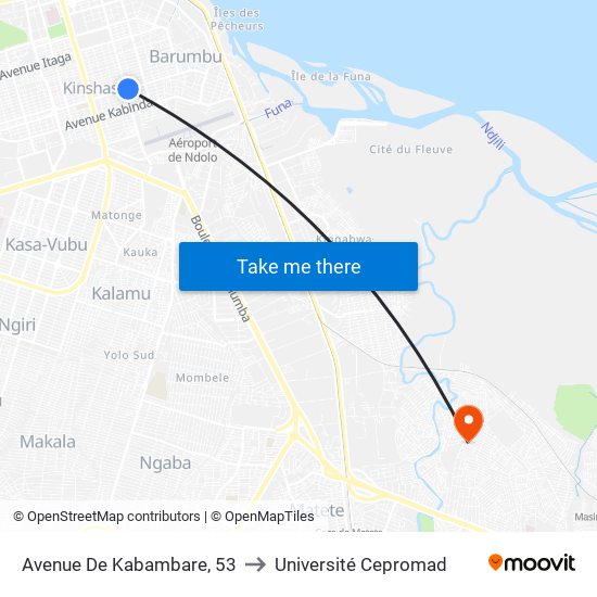 Avenue De Kabambare, 53 to Université Cepromad map