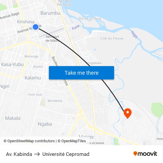 Av. Kabinda to Université Cepromad map