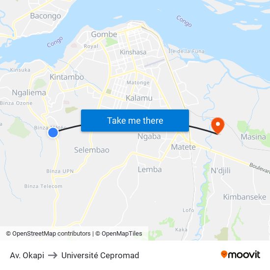 Av. Okapi to Université Cepromad map