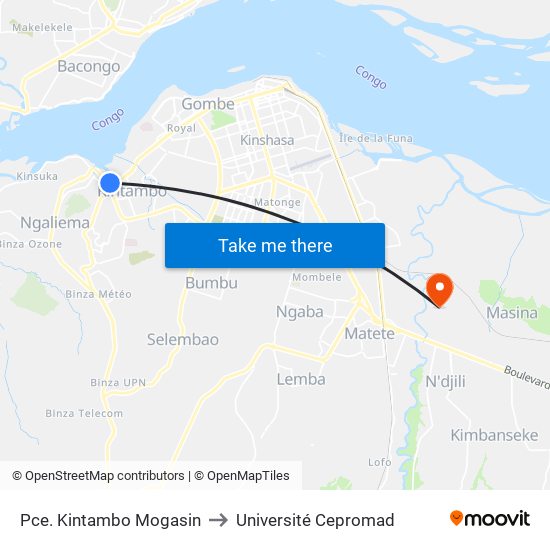 Pce. Kintambo Mogasin to Université Cepromad map