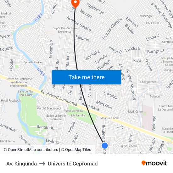 Av. Kingunda to Université Cepromad map