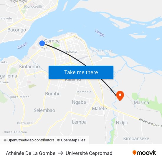 Athénée De La Gombe to Université Cepromad map