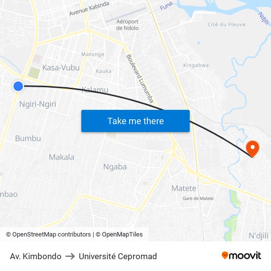 Av. Kimbondo to Université Cepromad map