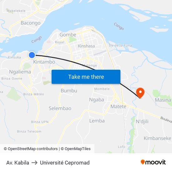 Av. Kabila to Université Cepromad map