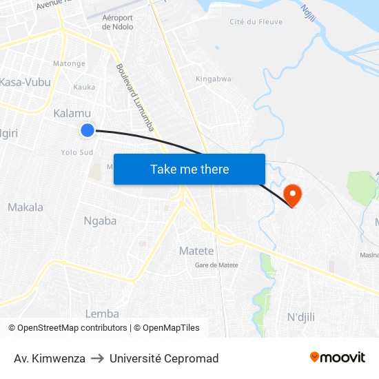 Av. Kimwenza to Université Cepromad map