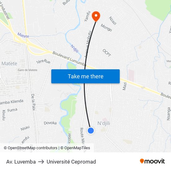 Av. Luvemba to Université Cepromad map