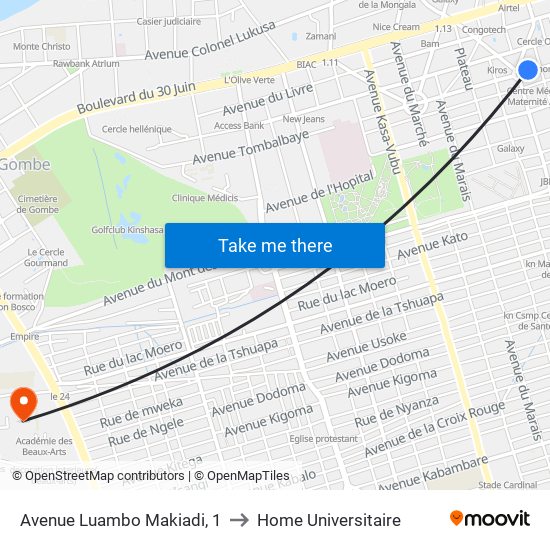 Avenue Luambo Makiadi, 1 to Home Universitaire map