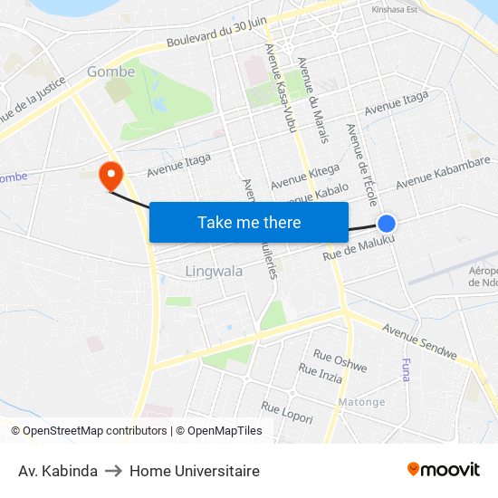 Av. Kabinda to Home Universitaire map