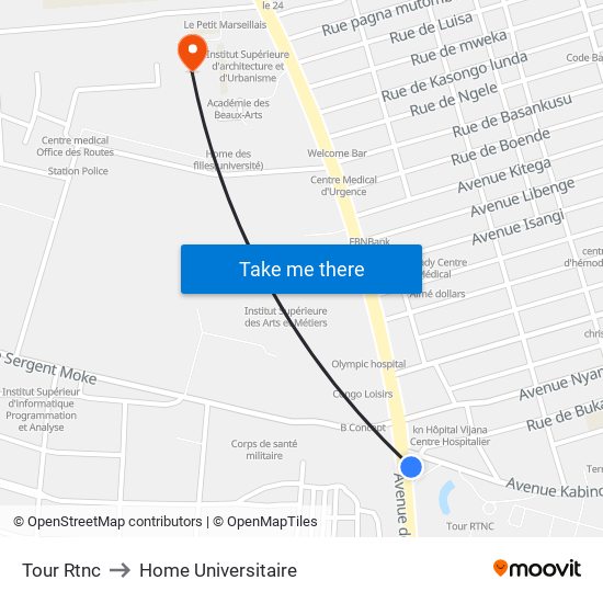 Tour Rtnc to Home Universitaire map