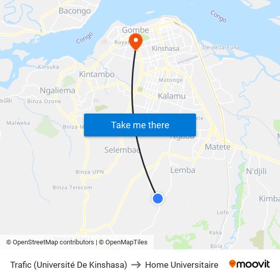 Trafic (Université De Kinshasa) to Home Universitaire map
