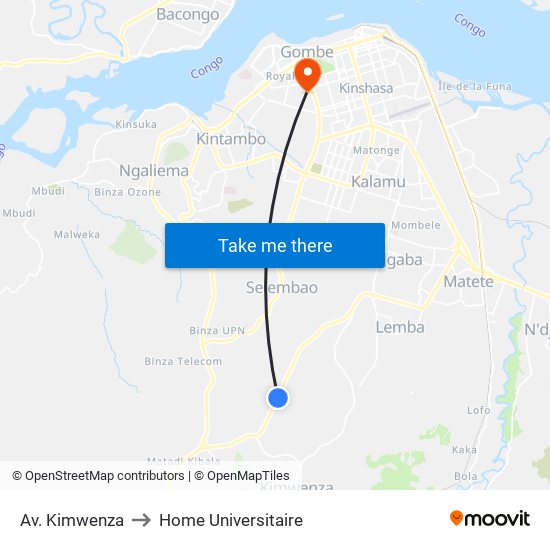 Av. Kimwenza to Home Universitaire map
