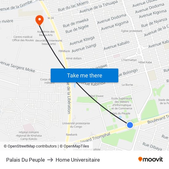 Palais Du Peuple to Home Universitaire map